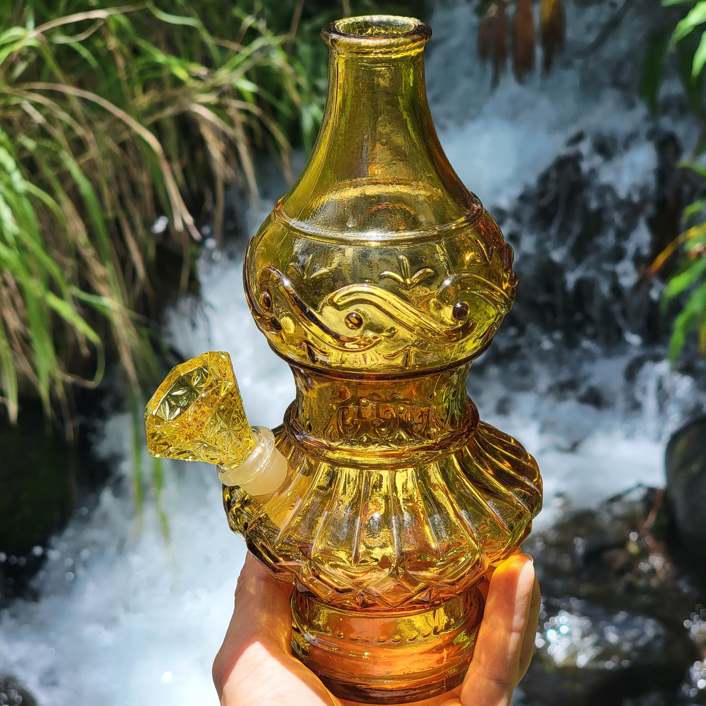 "Citrine Eccentricity" Vintage Upcycled Pressed Glass Bottle Bong
