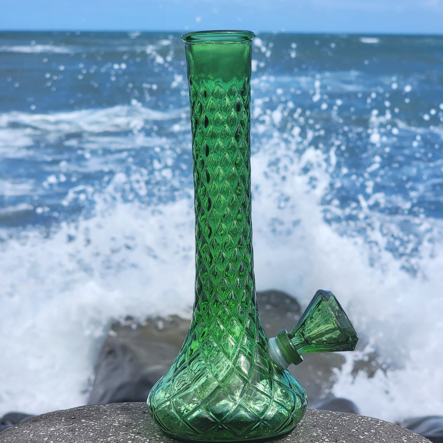 "Emerald Explosion" Vintage Upcycled Emerald Glass Vase Bong