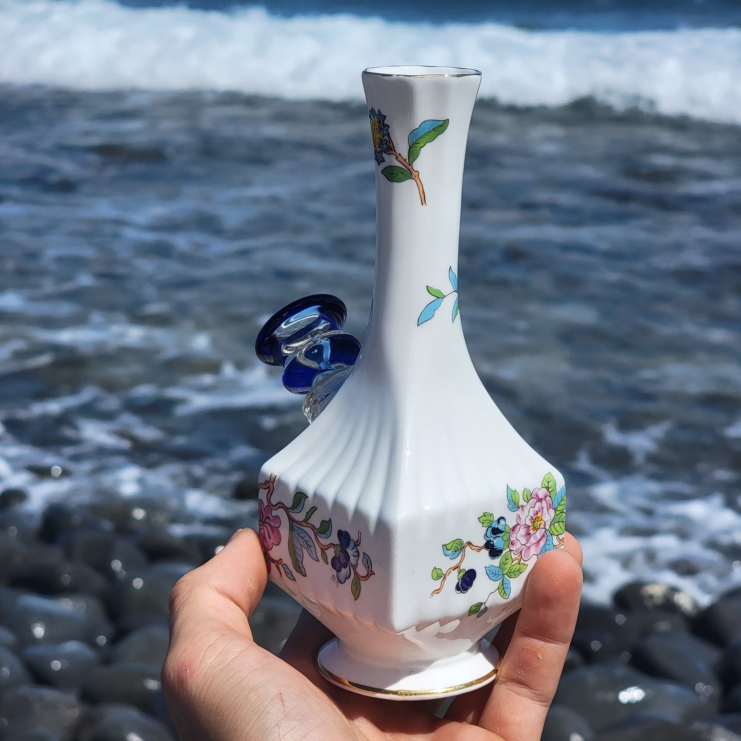 "Bluebird" Vintage China Upcycled Vase Bong with Gilded Details