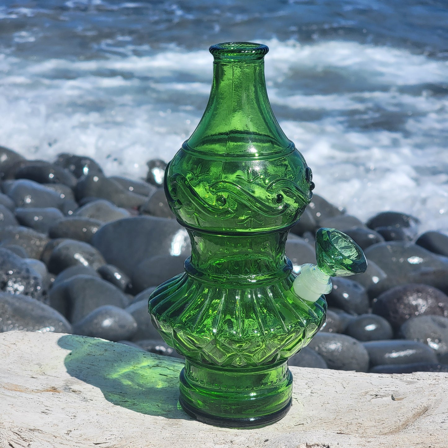 "Emerald Eccentricity" Vintage Upcycled Pressed Glass Bottle Bong