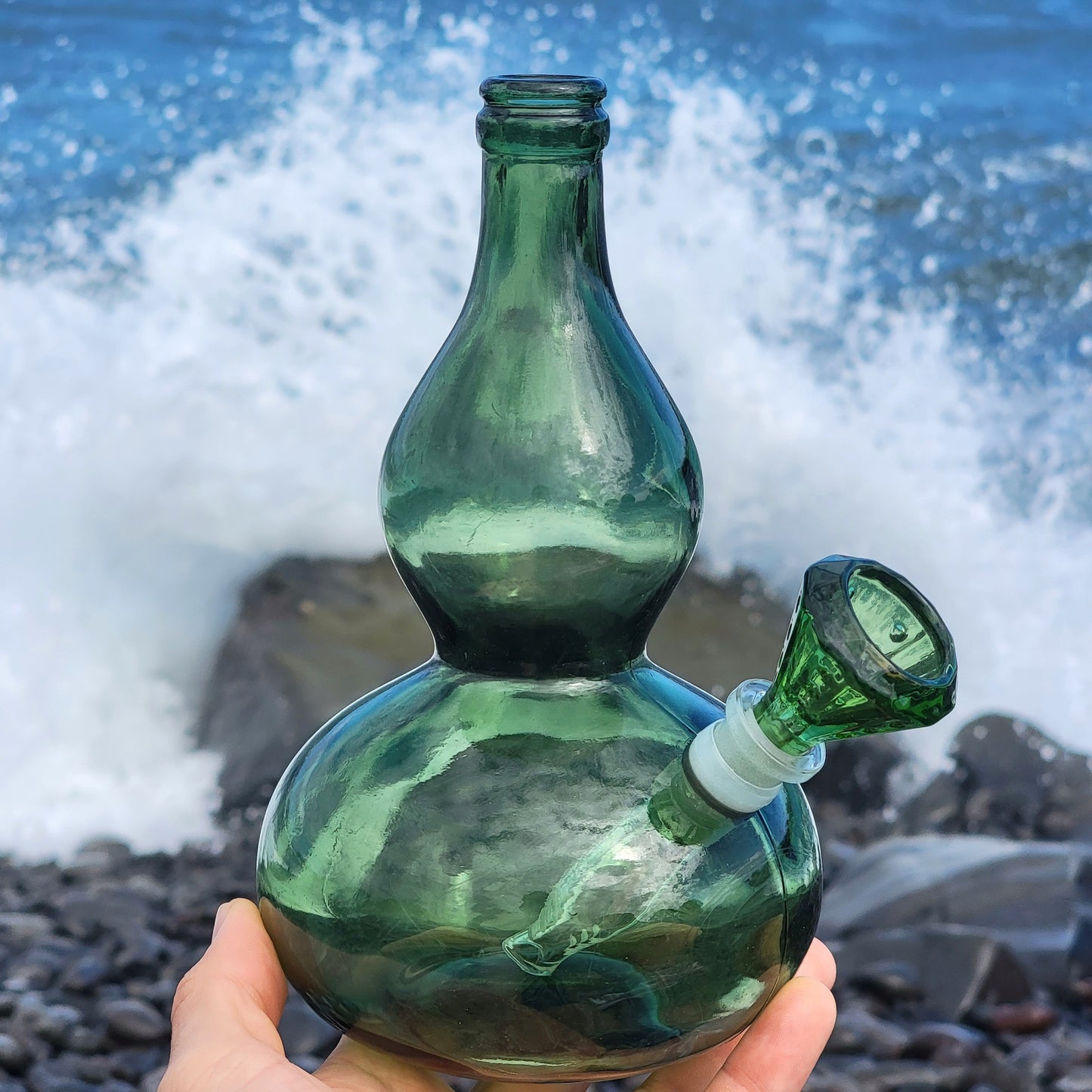 "Voluptuous Verdancy" Vintage Green Glass Gourd Bong