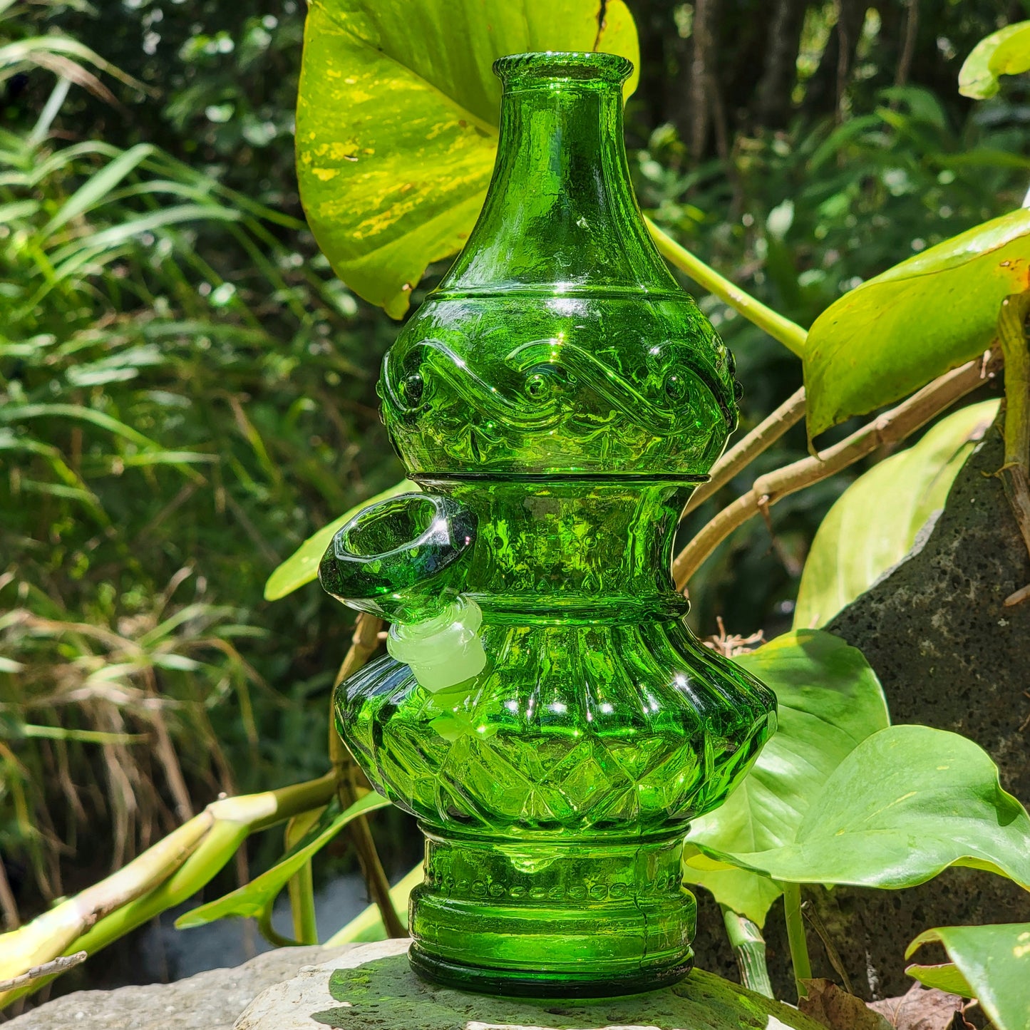 "Emerald Eccentricity" Vintage Upcycled Pressed Glass Bottle Bong