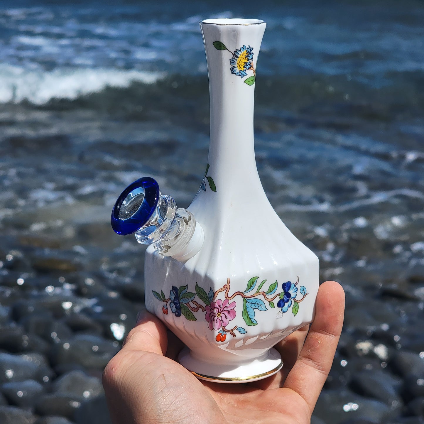 "Bluebird" Vintage China Upcycled Vase Bong with Gilded Details