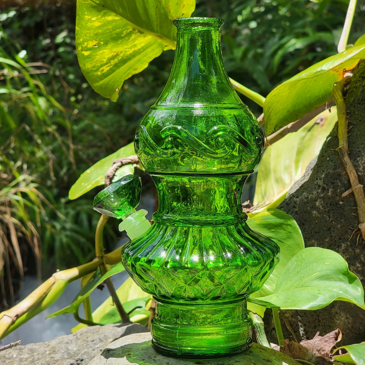 "Emerald Eccentricity" Vintage Upcycled Pressed Glass Bottle Bong