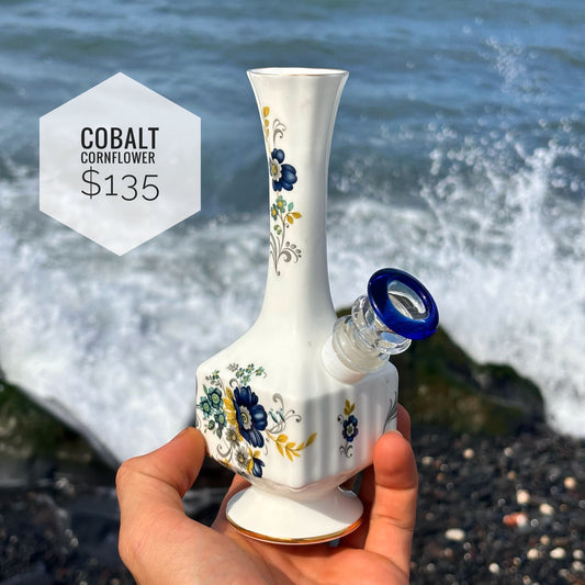 "Cobalt Cornflower" Vintage China Upcycled Vase Bong with Gilded Details