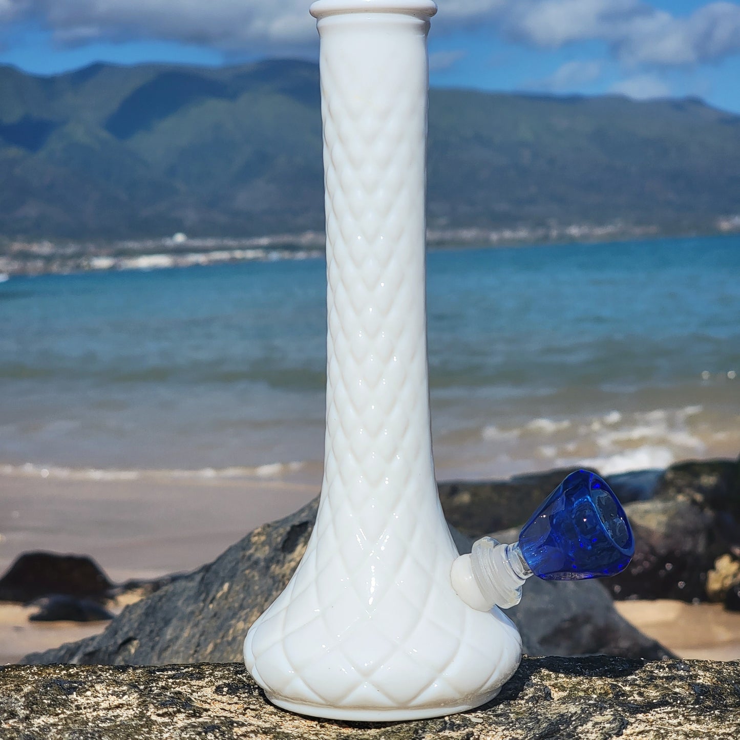 "Quilted Ivory" Vintage Quilted Diamond Milk Glass Vase Bong