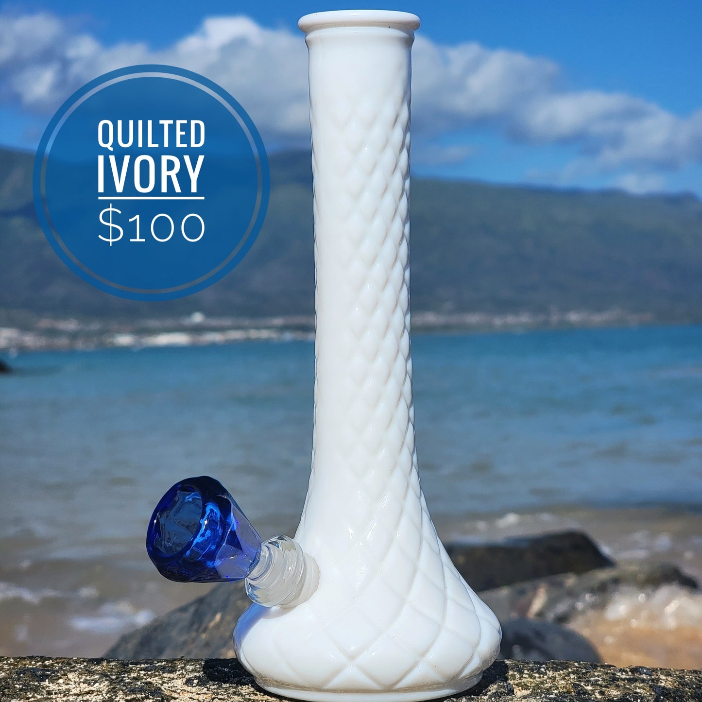 "Quilted Ivory" Vintage Quilted Diamond Milk Glass Vase Bong