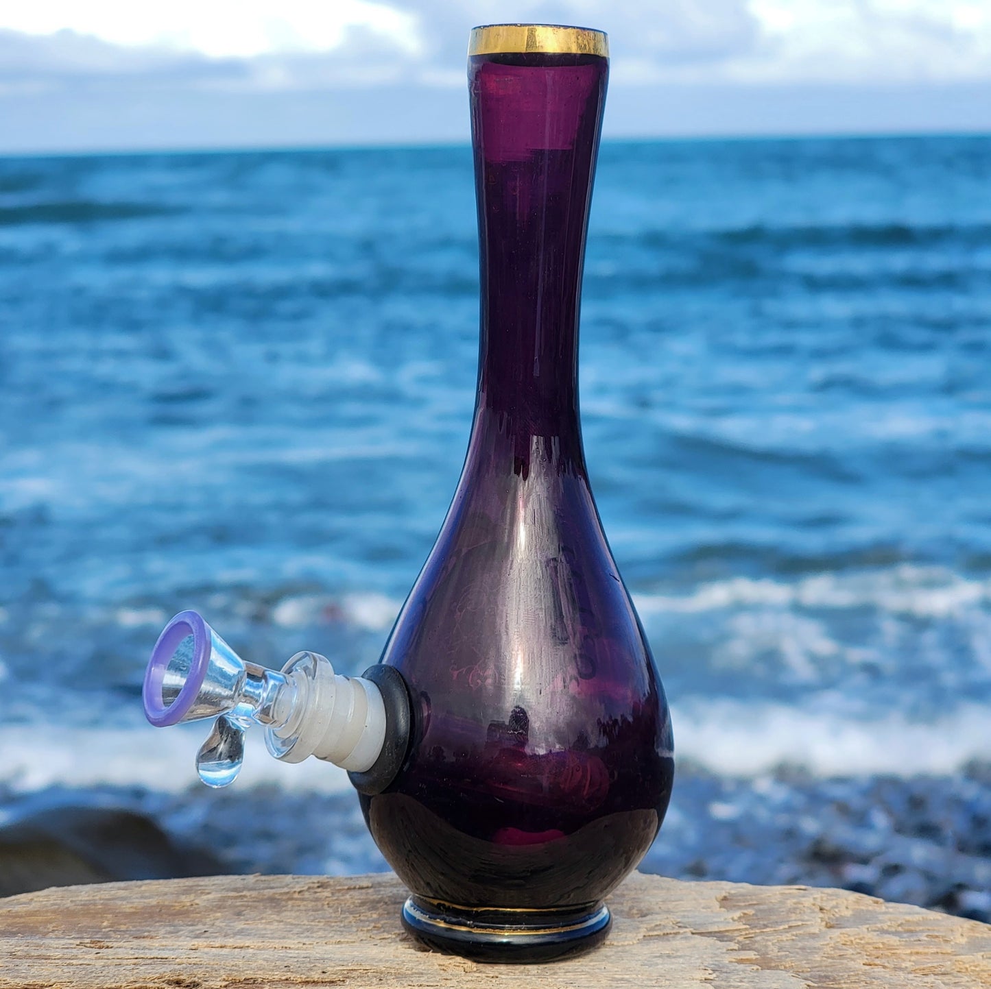 "Gleaming Amethyst" Vintage handblown handpainted gilded vase bong