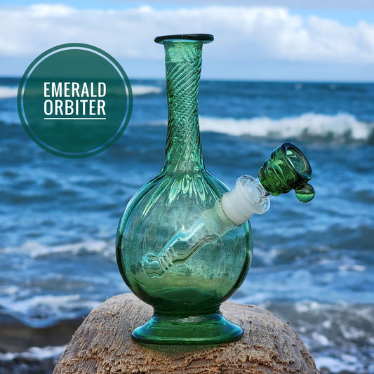 "Emerald Orbiter" Vintage Upcycled Handblown Swirl Glass Vase Bong