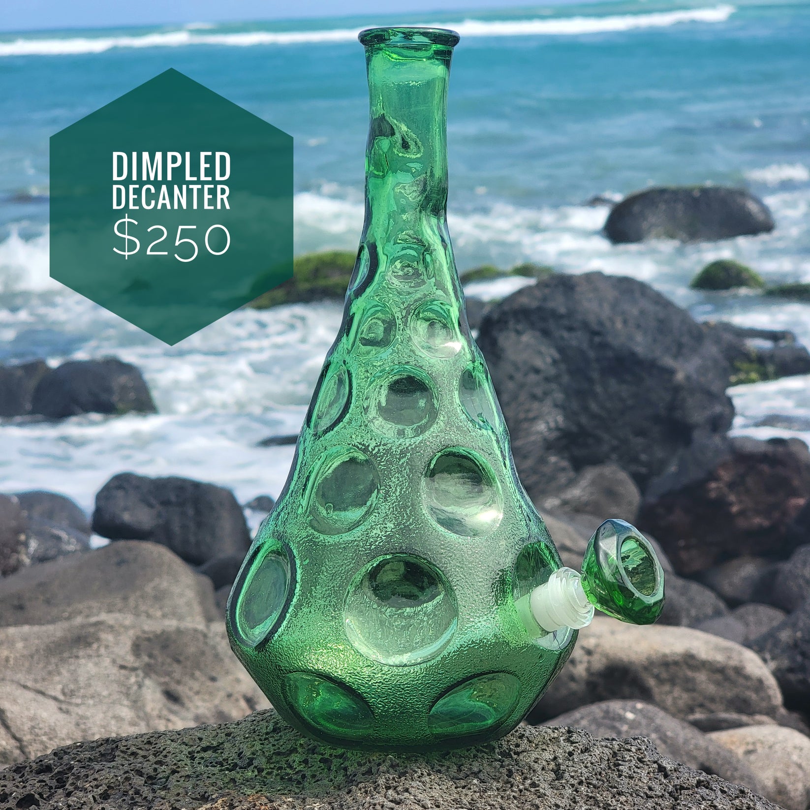 “Dimpled Decanter” Vintage Upcycled Emerald Glass Decanter Bong Bongs