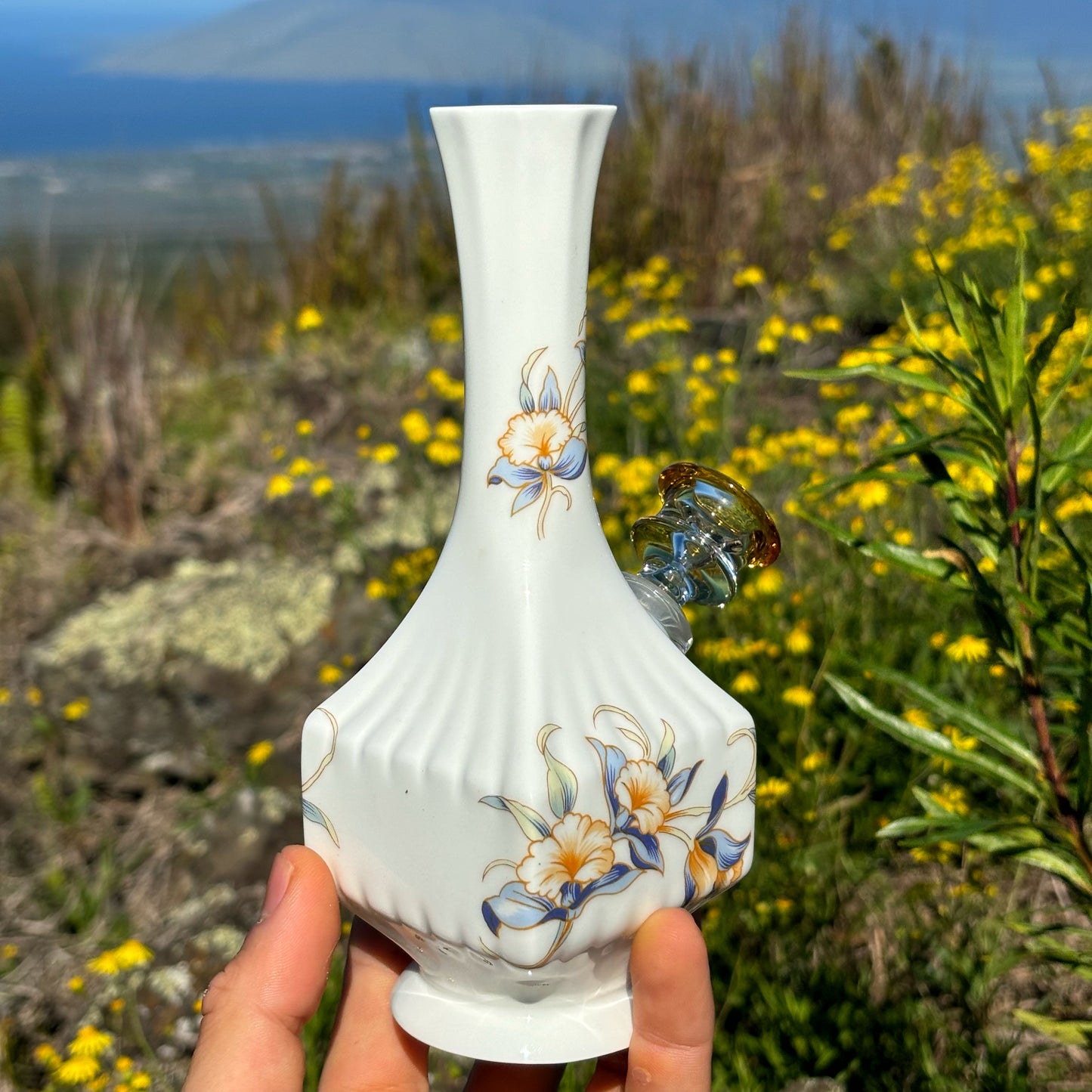 “Golden Orchid" Vintage China Upcycled Vase Bong with Gilded Details