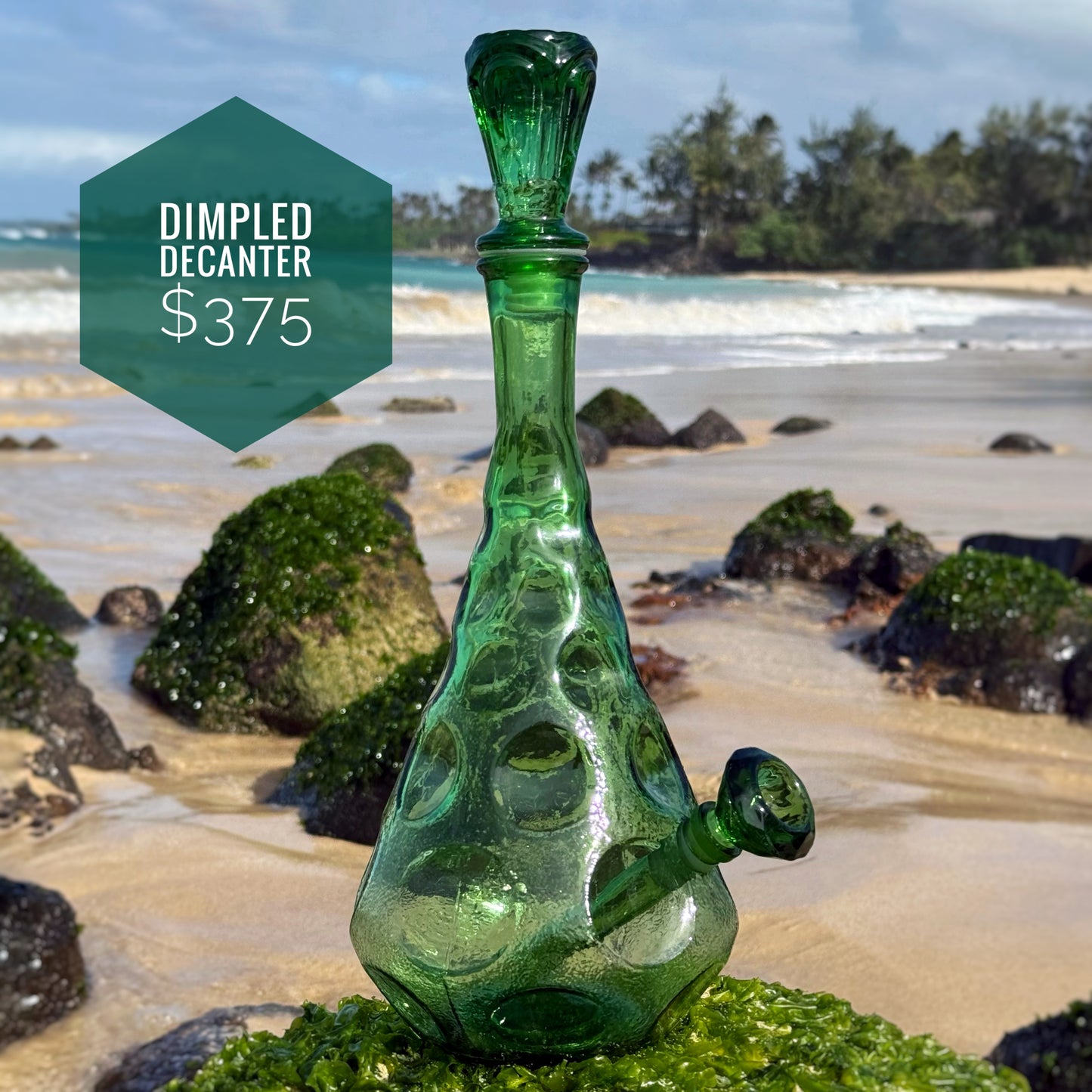 “Dimpled Decanter” Vintage Upcycled Emerald Glass Decanter Bong