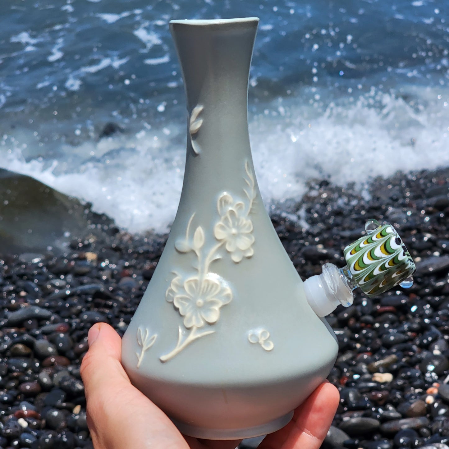 "Sage Bloom" Vintage Ceramic Genie Bottle Vase Bong