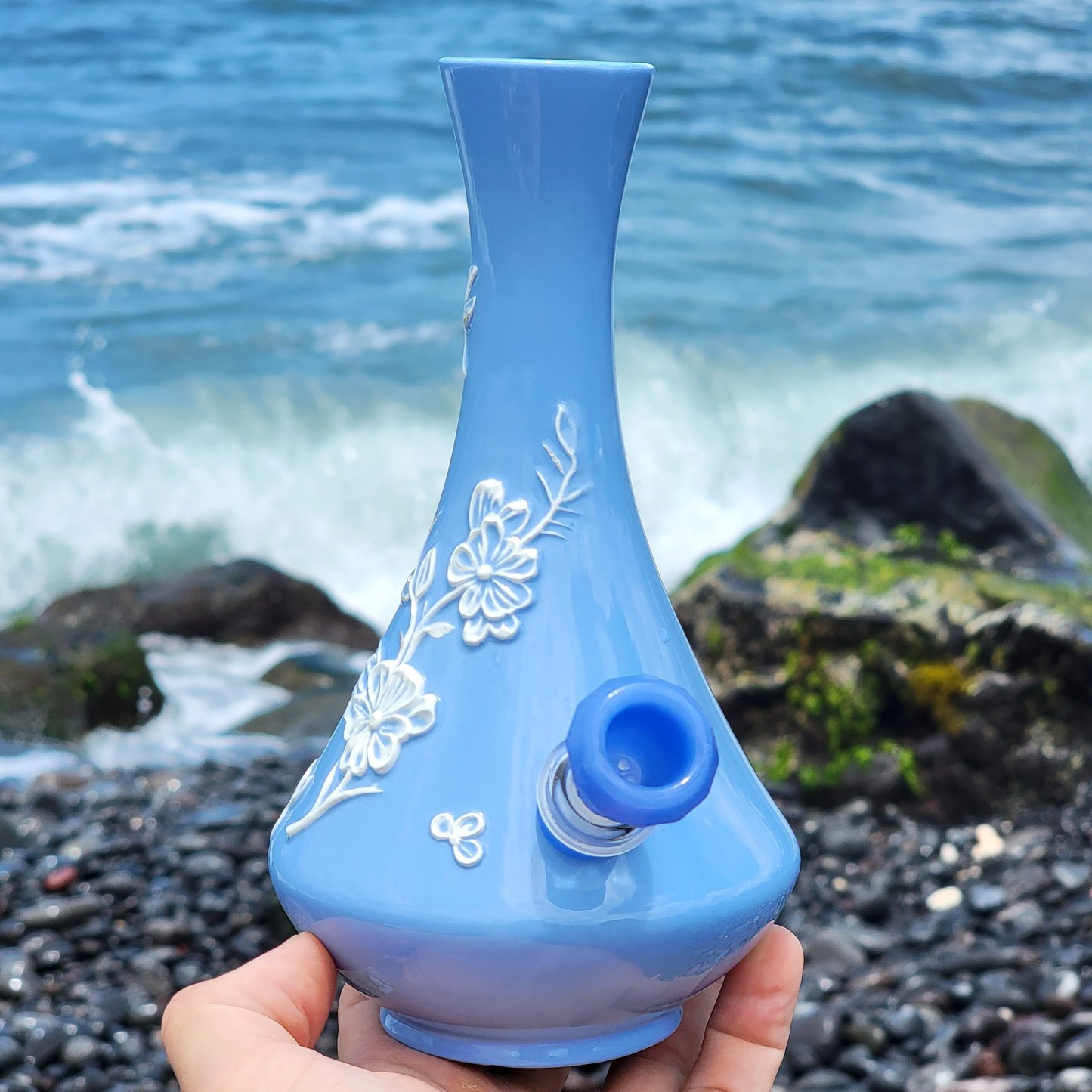 "Cerulean Bloom" Vintage Ceramic Genie Bottle Vase Bong