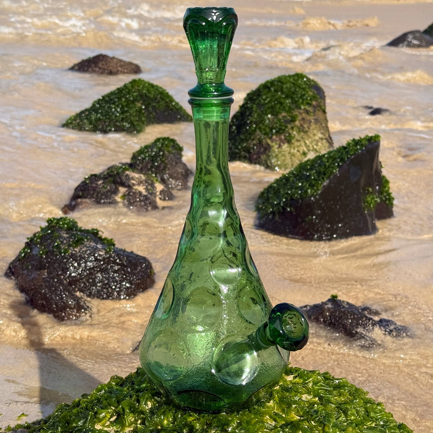 “Dimpled Decanter” Vintage Upcycled Emerald Glass Decanter Bong