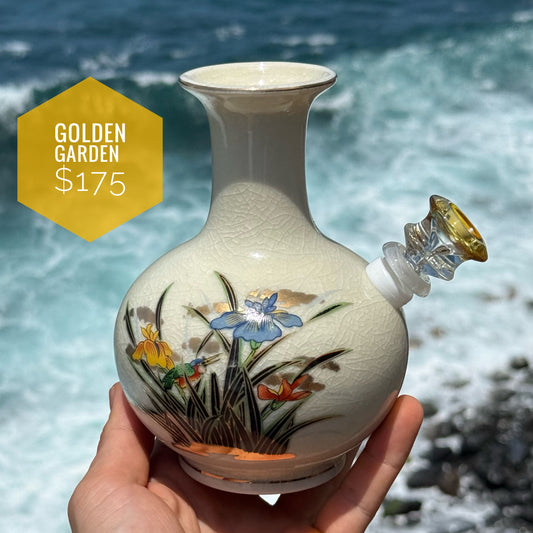 “Golden Garden” Upcycled Vintage Ceramic China Vase Bong