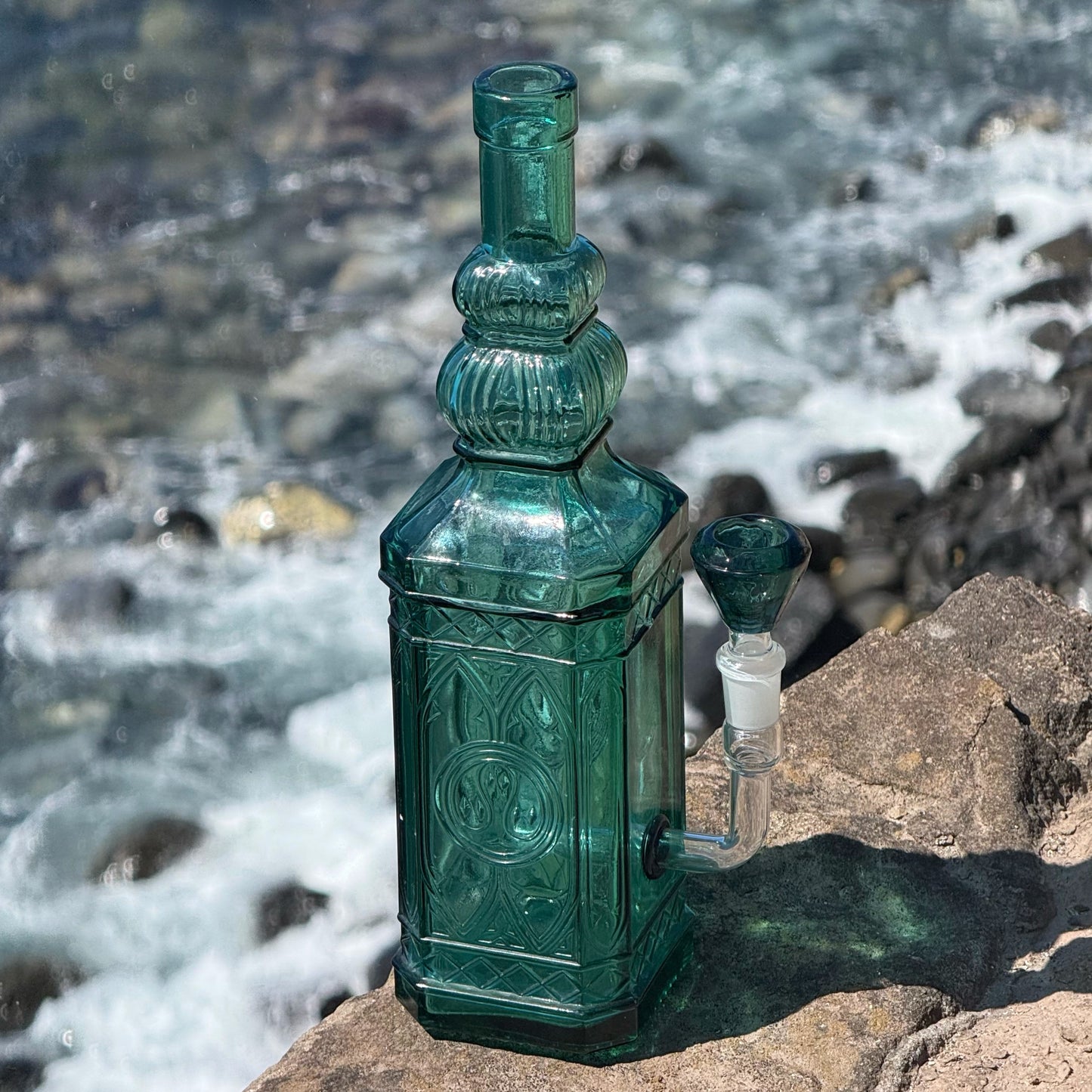 “Turquoise Obelisk” Upcycled Vintage Pressed Glass Bottle Bong