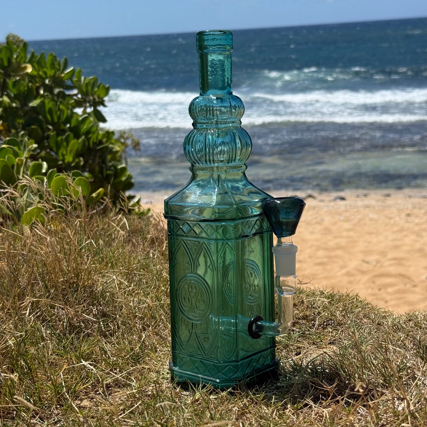 “Turquoise Obelisk” Upcycled Vintage Pressed Glass Bottle Bong