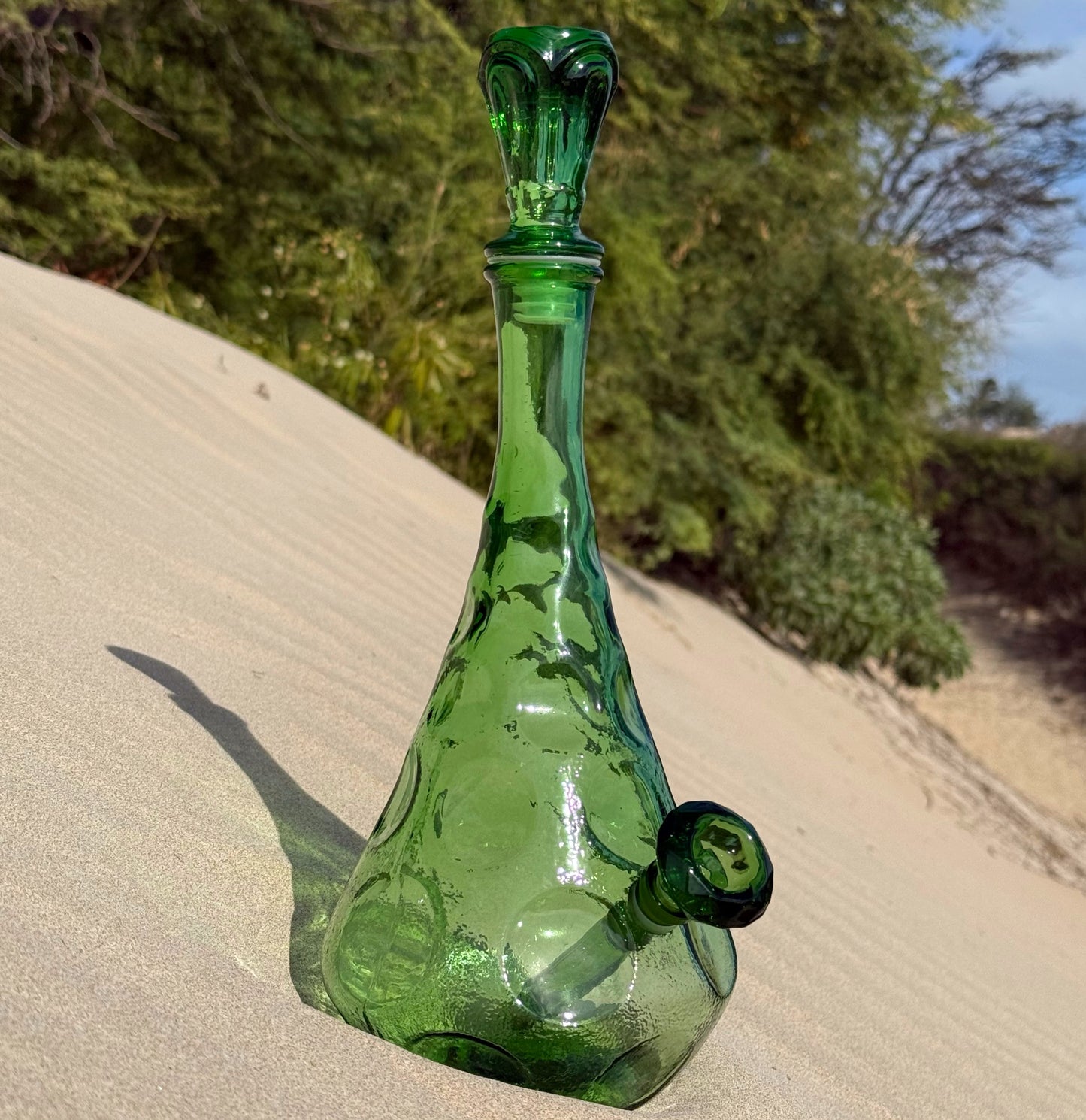 “Dimpled Decanter” Vintage Upcycled Emerald Glass Decanter Bong