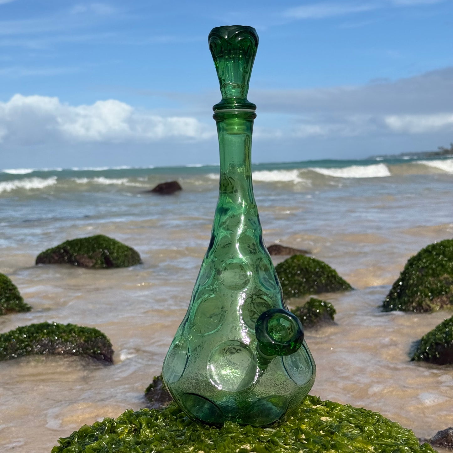 “Dimpled Decanter” Vintage Upcycled Emerald Glass Decanter Bong