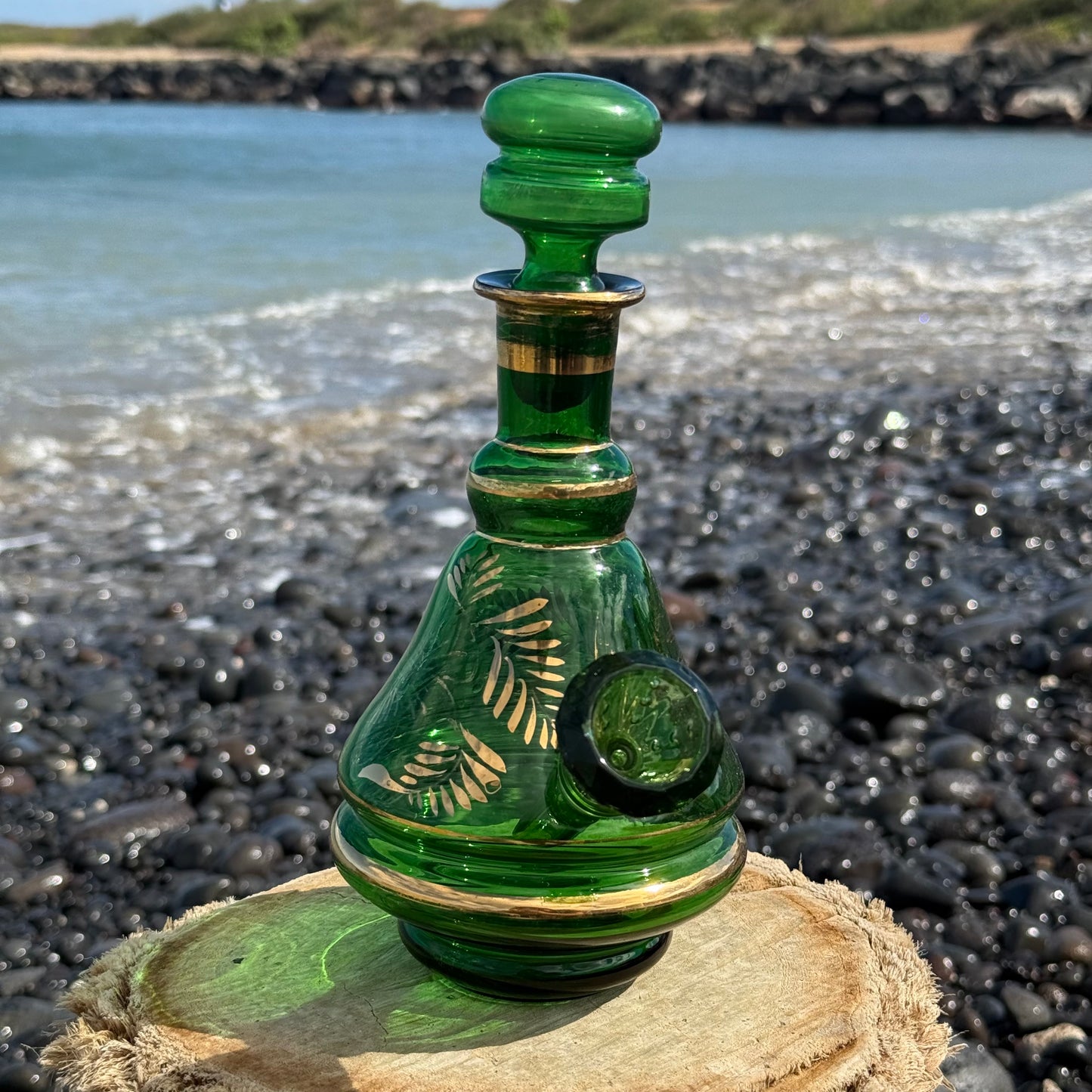 “Emerald Luminescence” Vintage Handblown Gilded Emerald Glass Decanter Bong