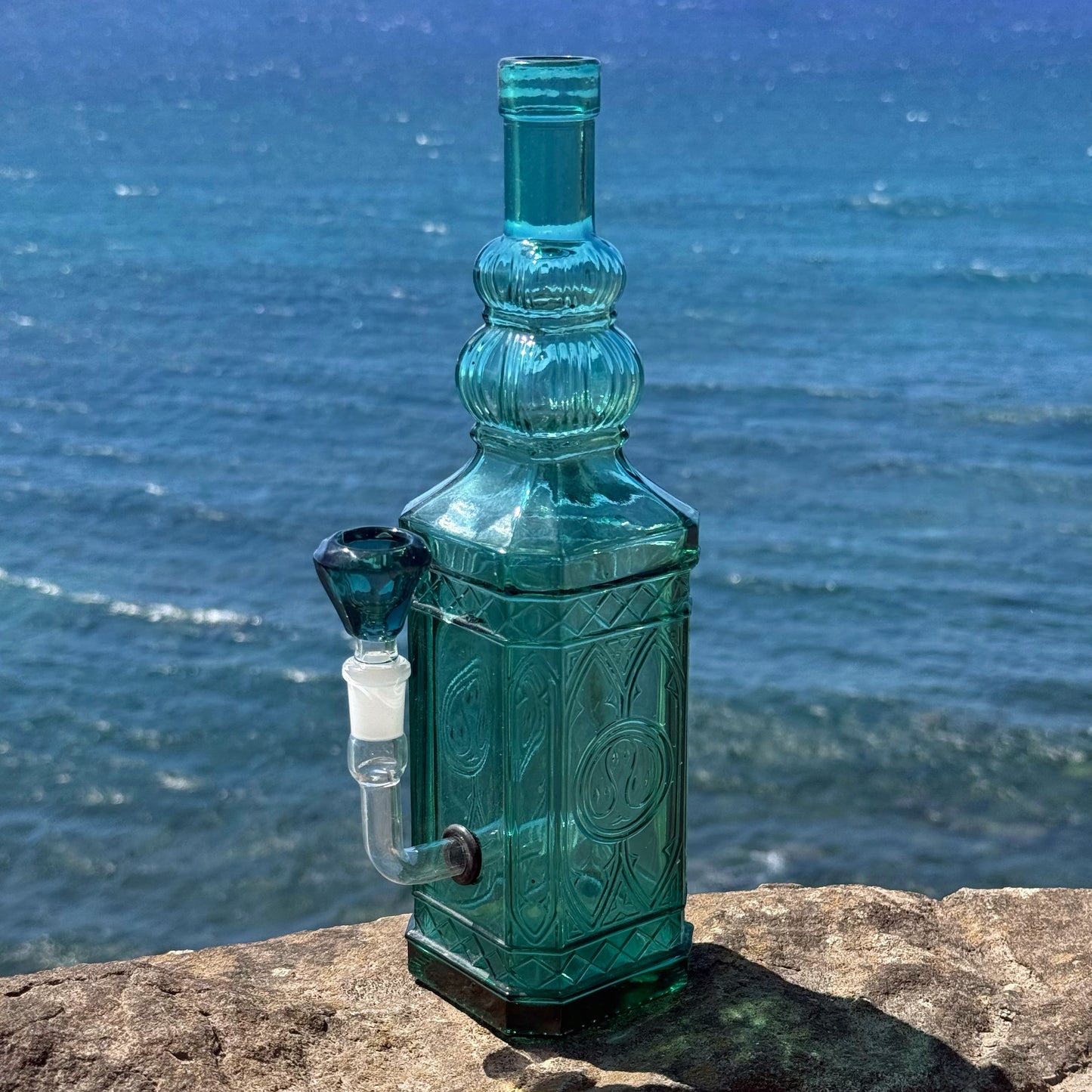 “Turquoise Obelisk” Upcycled Vintage Pressed Glass Bottle Bong
