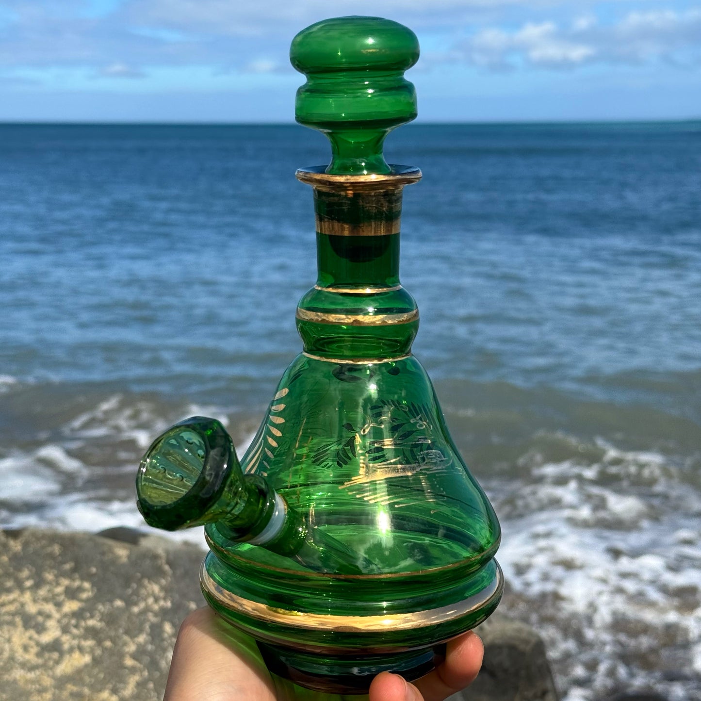 “Emerald Luminescence” Vintage Handblown Gilded Emerald Glass Decanter Bong