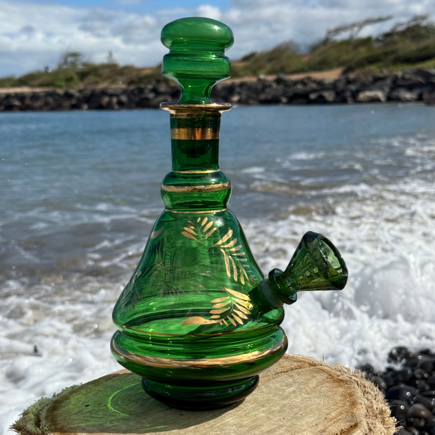 “Emerald Luminescence” Vintage Handblown Gilded Emerald Glass Decanter Bong