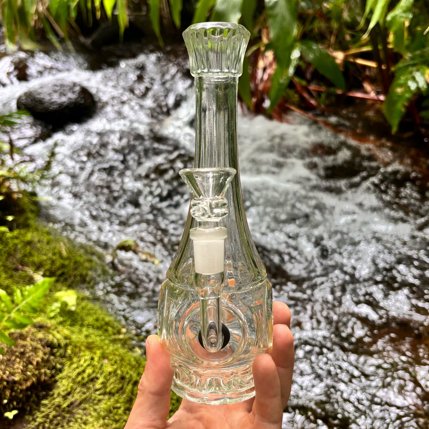 “Crystalline Quartz" Vintage Upcycled Pressed Glass Vase Bong