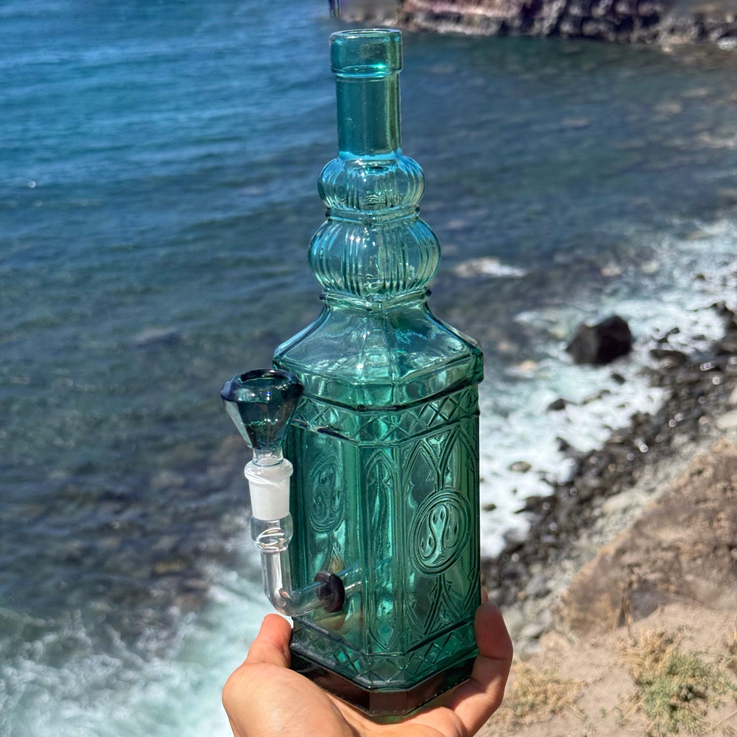 “Turquoise Obelisk” Upcycled Vintage Pressed Glass Bottle Bong