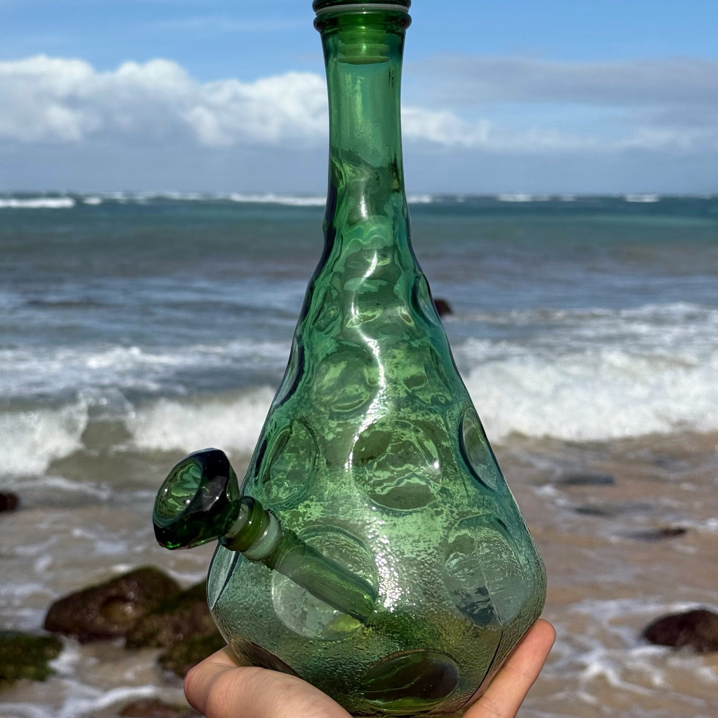 “Dimpled Decanter” Vintage Upcycled Emerald Glass Decanter Bong