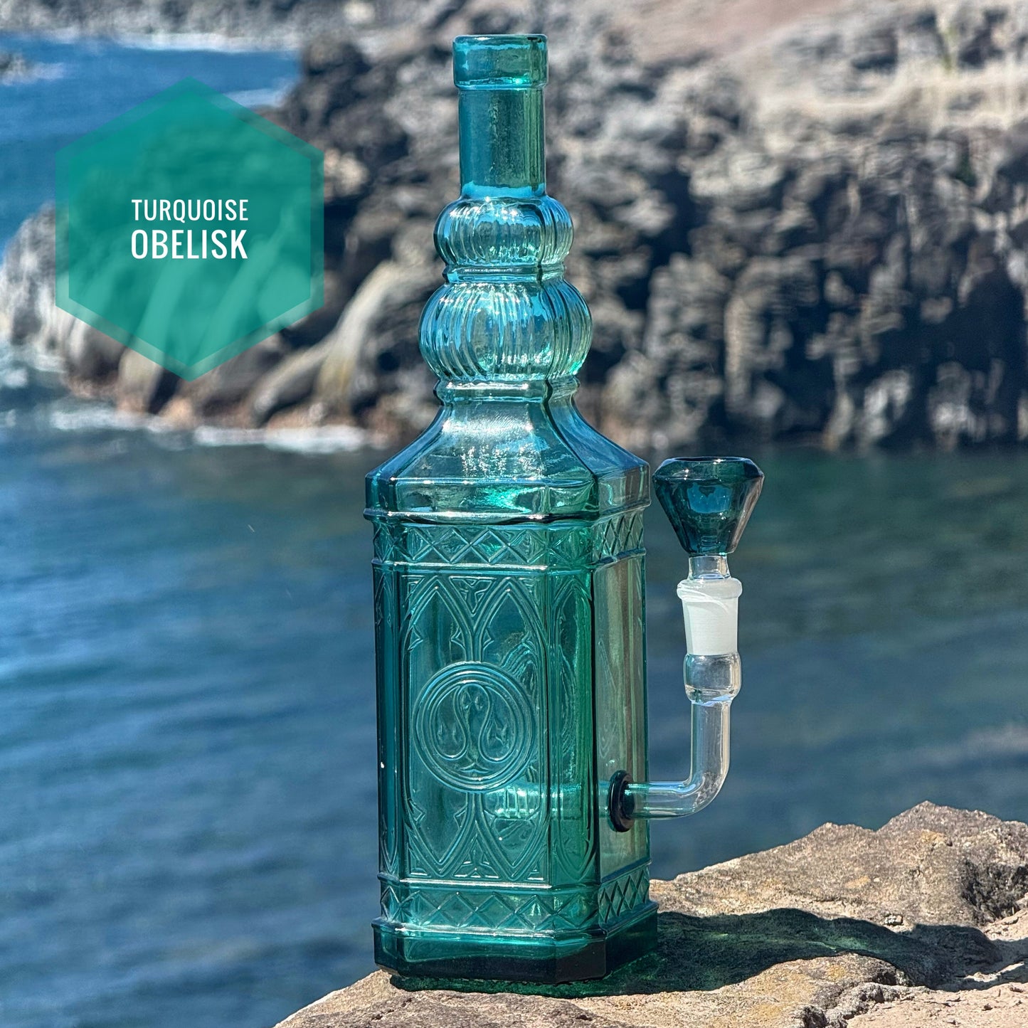 “Turquoise Obelisk” Upcycled Vintage Pressed Glass Bottle Bong