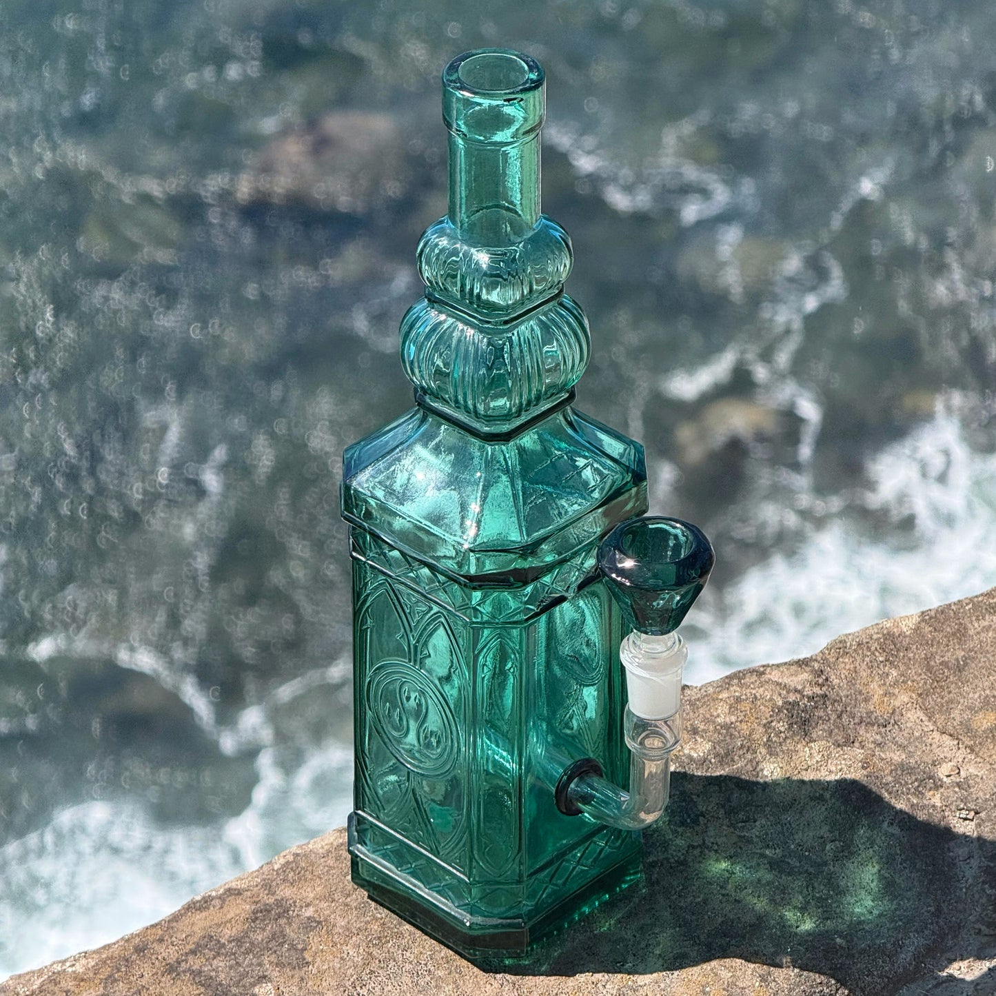 “Turquoise Obelisk” Upcycled Vintage Pressed Glass Bottle Bong