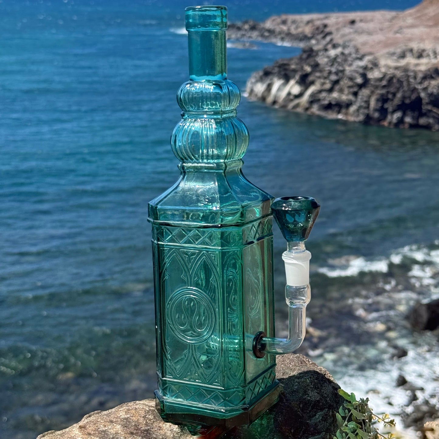 “Turquoise Obelisk” Upcycled Vintage Pressed Glass Bottle Bong