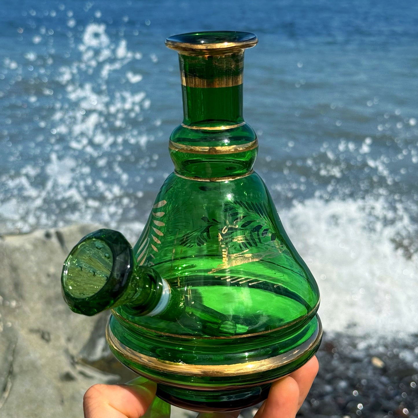 “Emerald Luminescence” Vintage Handblown Gilded Emerald Glass Decanter Bong