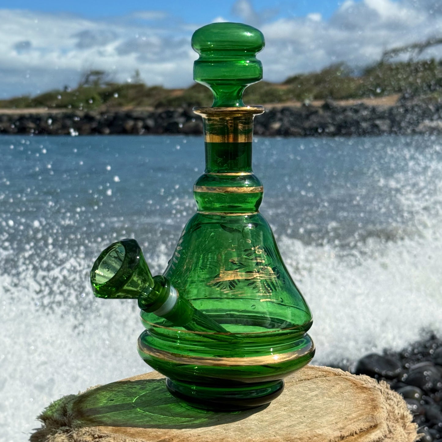 “Emerald Luminescence” Vintage Handblown Gilded Emerald Glass Decanter Bong