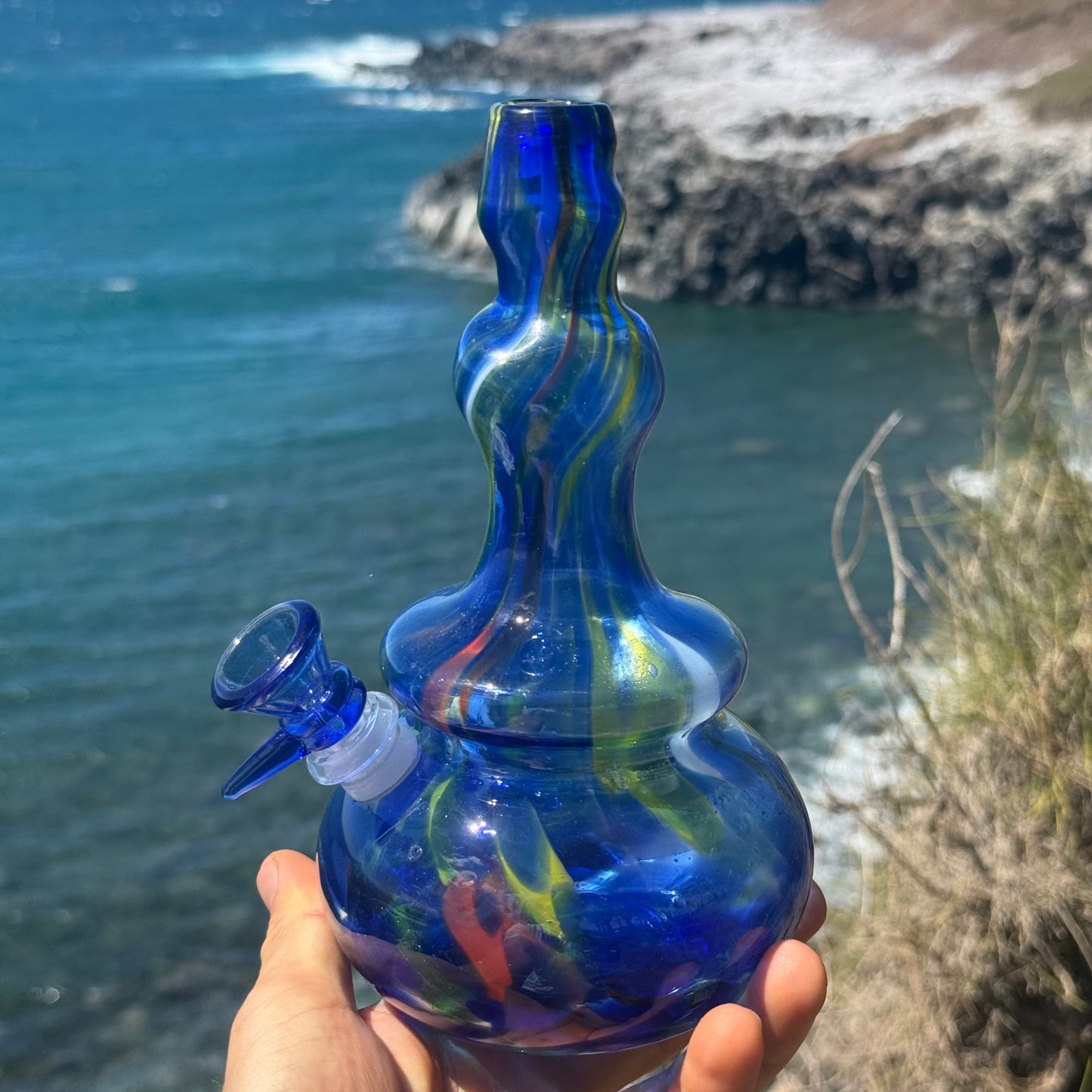 “Cobalt Mosaic” Vintage Upcycled Confetti Glass Vase Bong