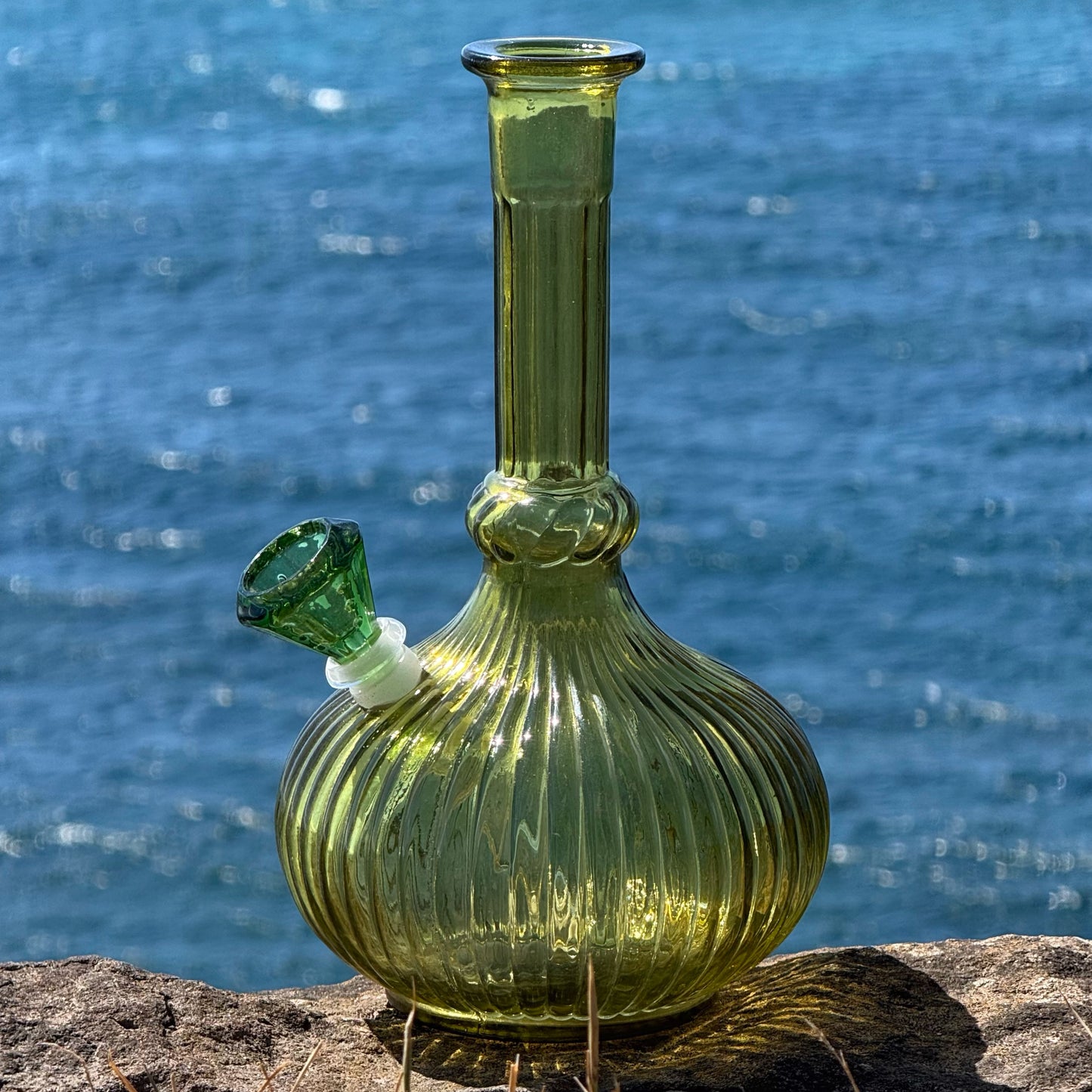 “Olivine Balloon” Upcycled Vintage Glass Balloon Decanter Bong