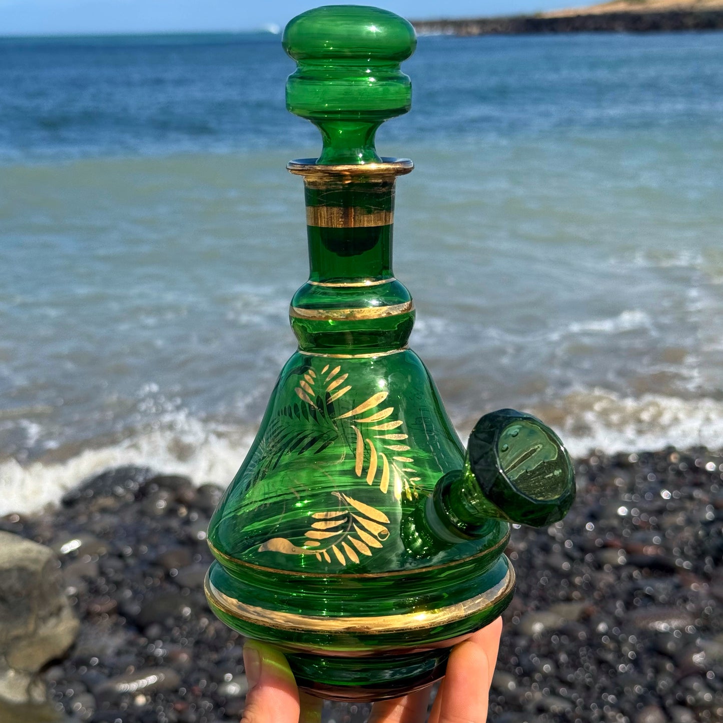 “Emerald Luminescence” Vintage Handblown Gilded Emerald Glass Decanter Bong