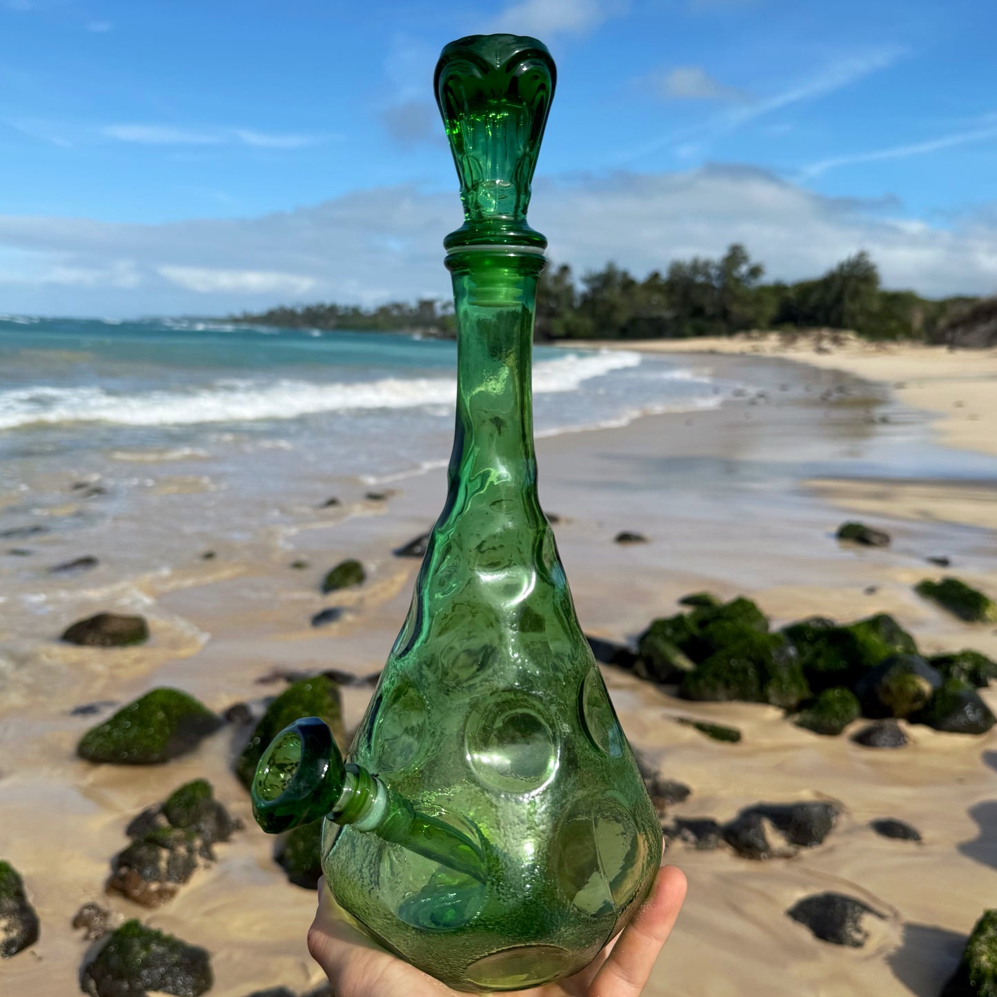 “Dimpled Decanter” Vintage Upcycled Emerald Glass Decanter Bong