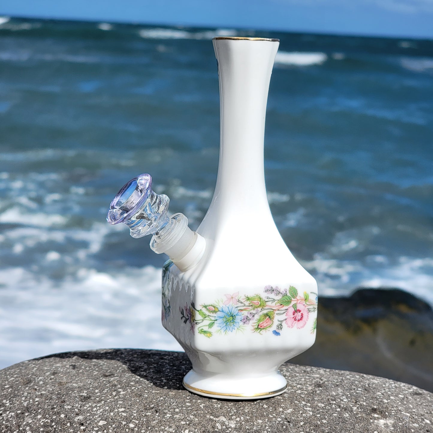"Wild Bloom" Vintage China Upcycled Vase Bong with Gilded Details