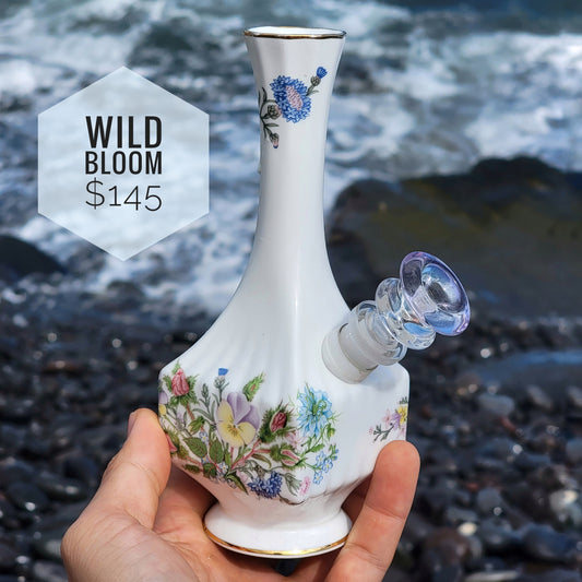 "Wild Bloom" Vintage China Upcycled Vase Bong with Gilded Details