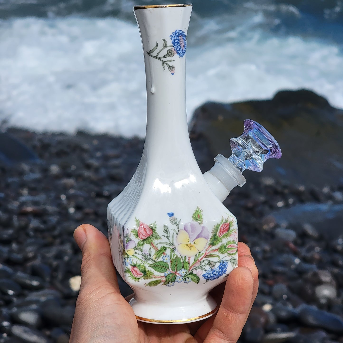 "Wild Bloom" Vintage China Upcycled Vase Bong with Gilded Details