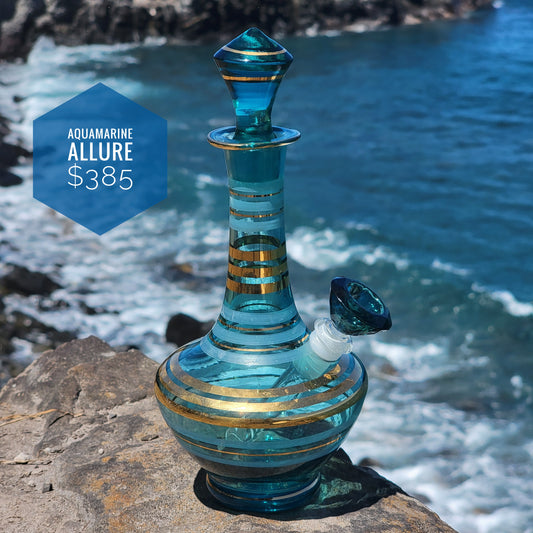 “Aquamarine Allure” Vintage Upcycled Handblown Gilded Glass Decanter Bong