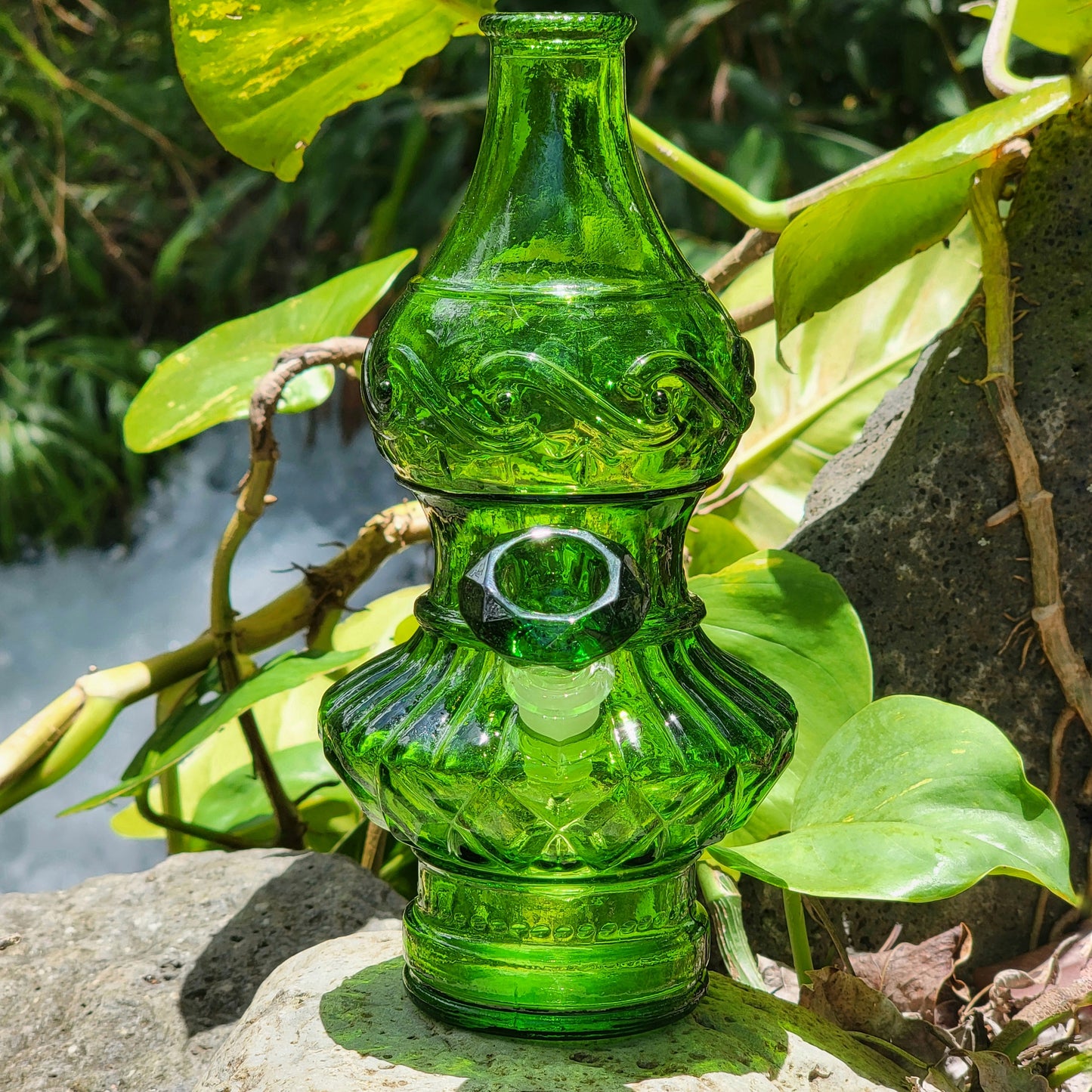 "Emerald Eccentricity" Vintage Upcycled Pressed Glass Bottle Bong